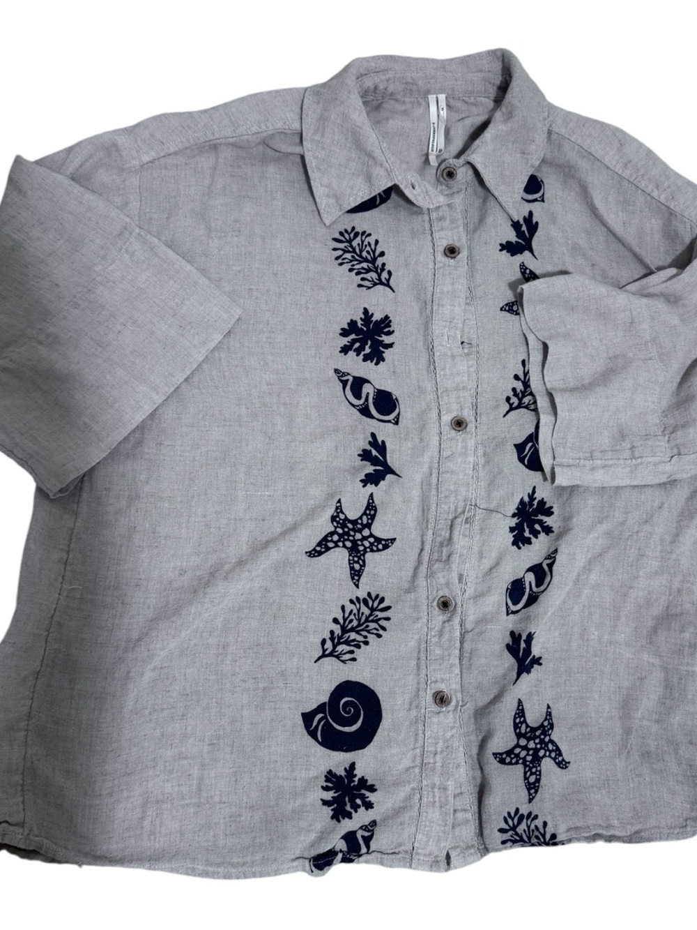 Anthropologie Beige Button-Up Shirt with Navy Sea Life Embroidery - Picture 2 of 7